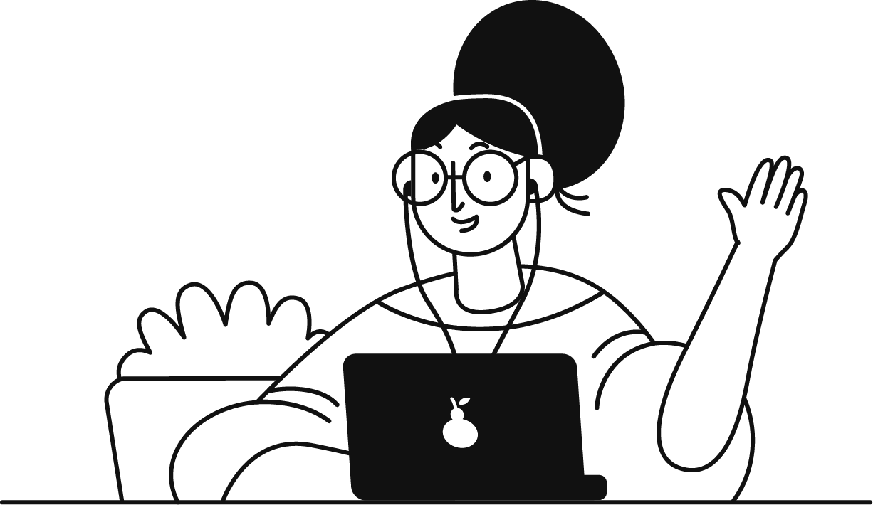 A woman with glasses and a large bun hairstyle, sitting in front of a laptop, smiling, and waving