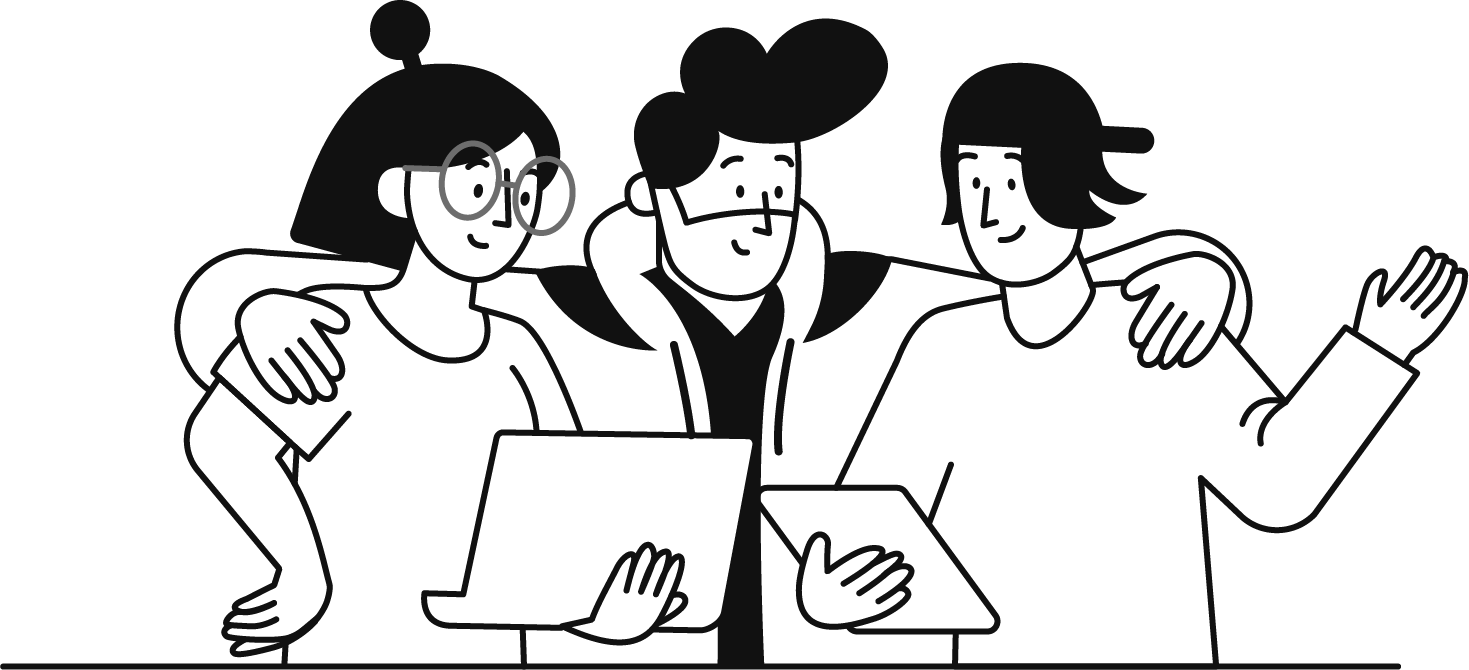 Three people smiling with their arms around each other and looking at a laptop and tablet together.
