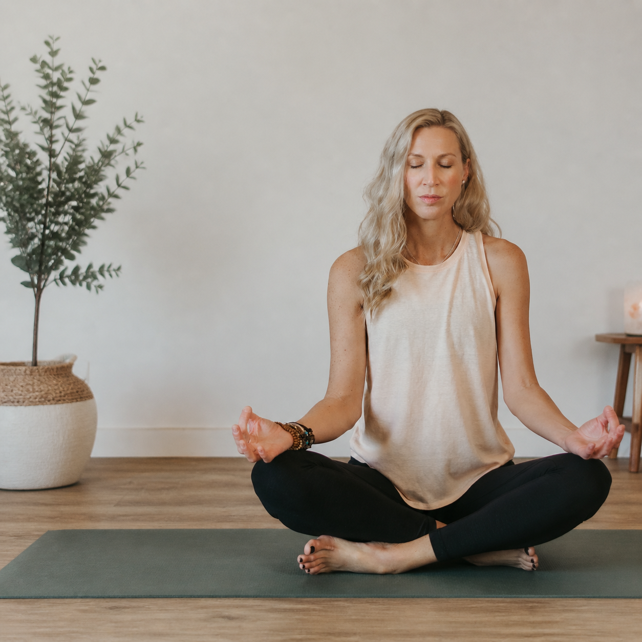 A woman with blonde hair in a relaxed pose practicing meditation on a yoga mat in a minimalistic room with a potted plant and a small table.