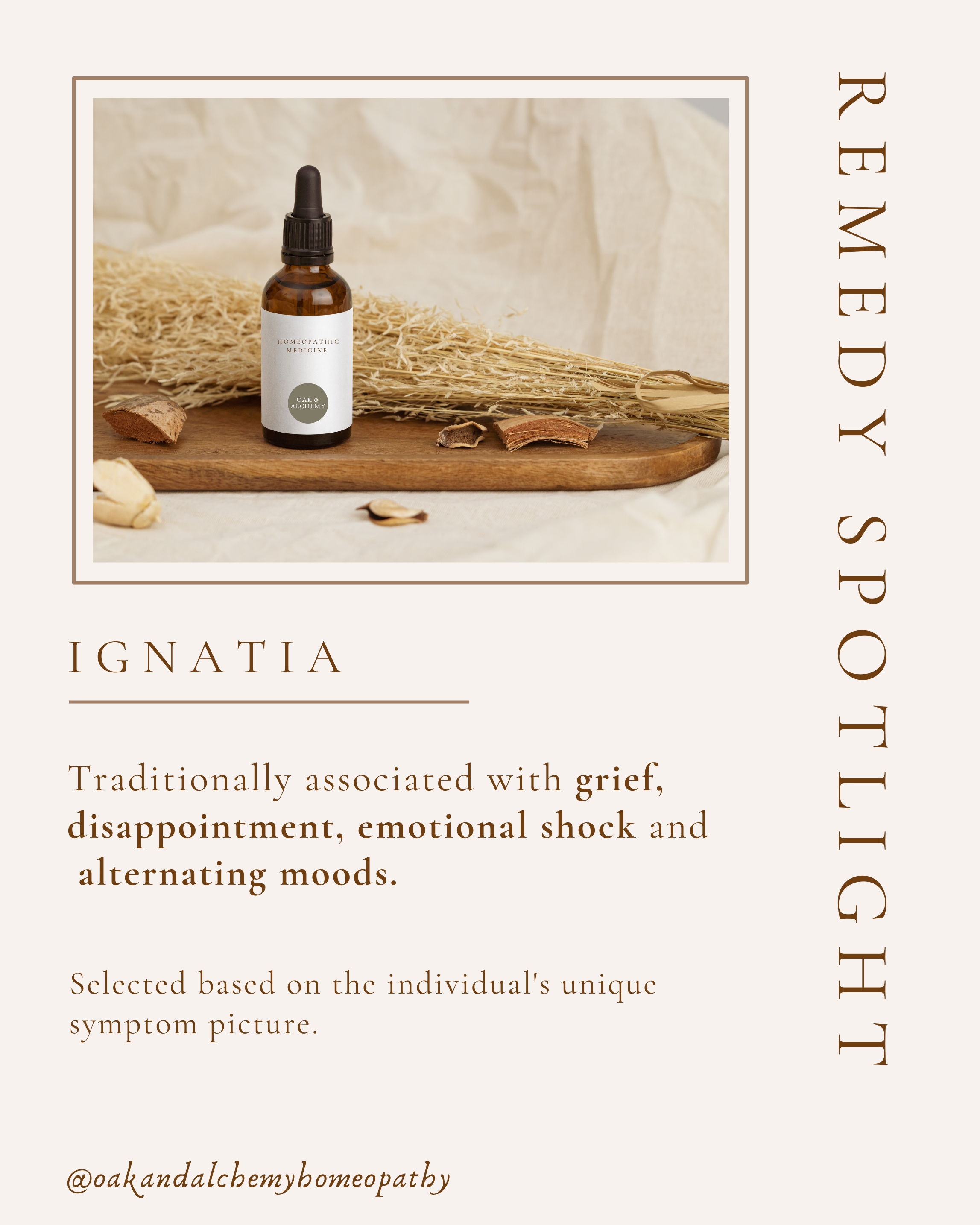 A dark amber glass dropper bottle labeled Homeopathic Medicine from Oak & Alchemy, placed on a wooden surface with dried herbs and plant material, background of beige fabric.