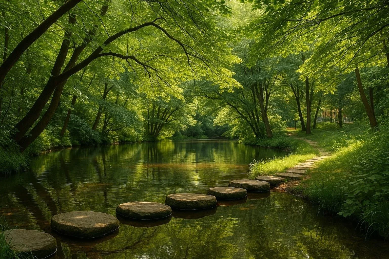 Ein ruhiger Fluss in einem grünen Wald mit einem Pfad und Steinen im Wasser