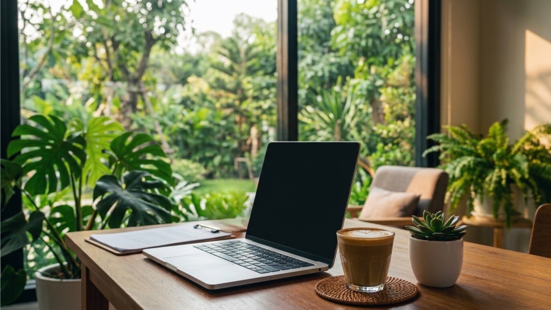 Ein Arbeitsplatz mit einem Laptop auf einem Holztisch, umgeben von grünen Pflanzen, mit Blick auf einen Garten durch große Fenster.