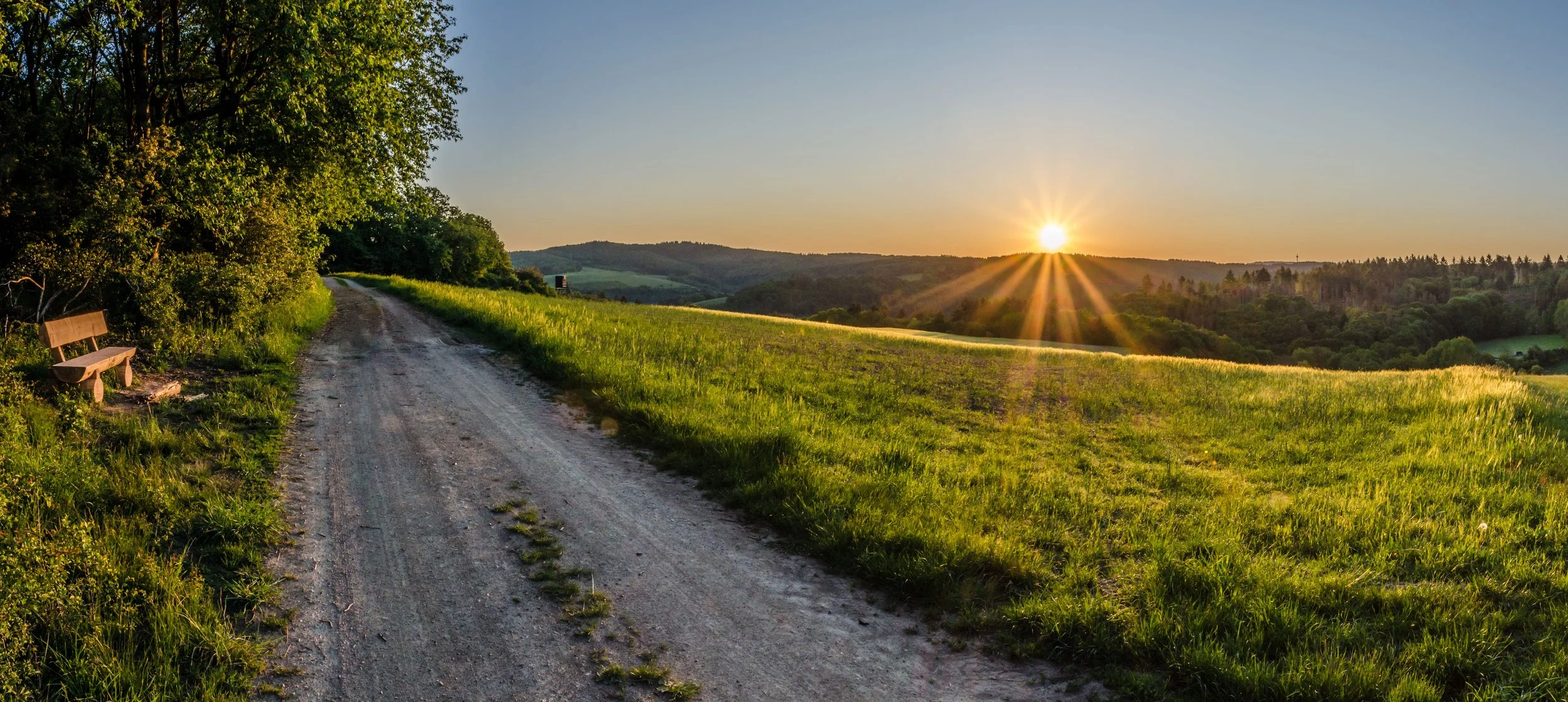 Ein sonniger Abend in einer ländlichen Landschaft mit einem unbefestigten Weg, einer Parkbank auf der linken Seite, grünen Feldern und Bäumen, und einer untergehenden Sonne über den Hügeln im Hintergrund.