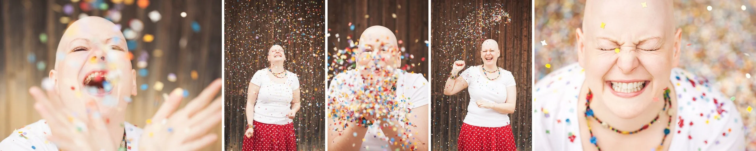 Frau mit weißen T-Shirt, roten Punkten, beim Feiern mit confetti in einer Holzumgebung.