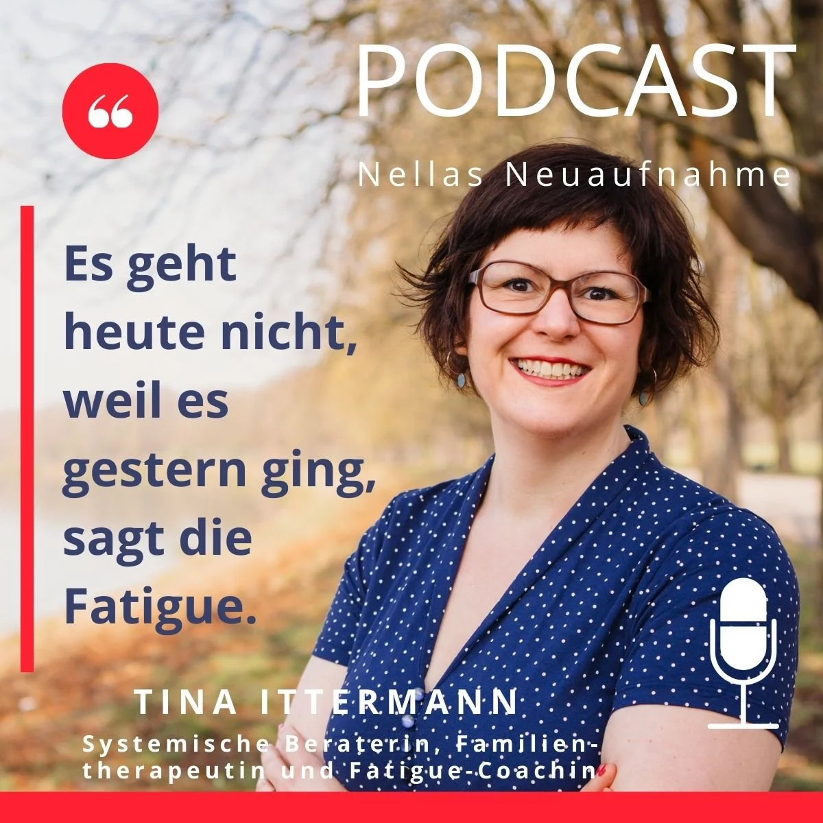 Coverbild eines Podcasts mit einer lachenden Frau mit Brille, im Hintergrund Bäume im Herbst, Text auf dem Bild spricht von Energie und Erschöpfung.