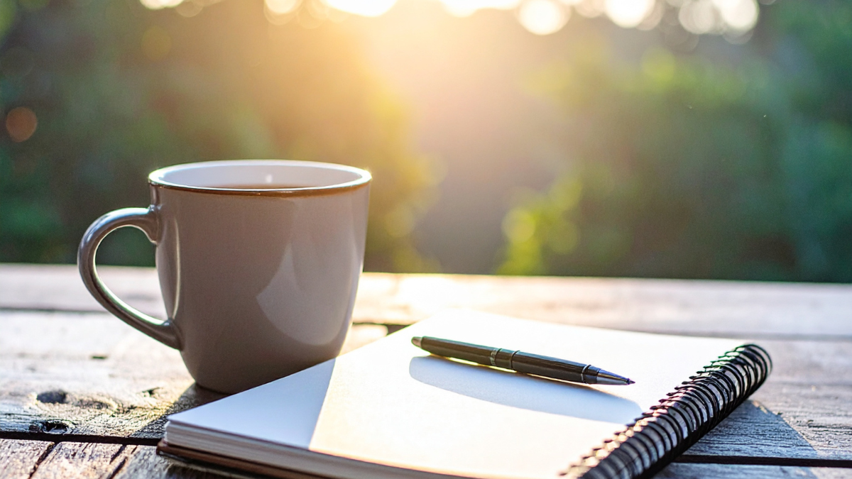 Eine weiße Kaffeetasse, ein schwarzer Kugelschreiber und ein Spiralnotizbuch auf einem Holztisch im Freien bei Sonnenaufgang oder Sonnenuntergang.