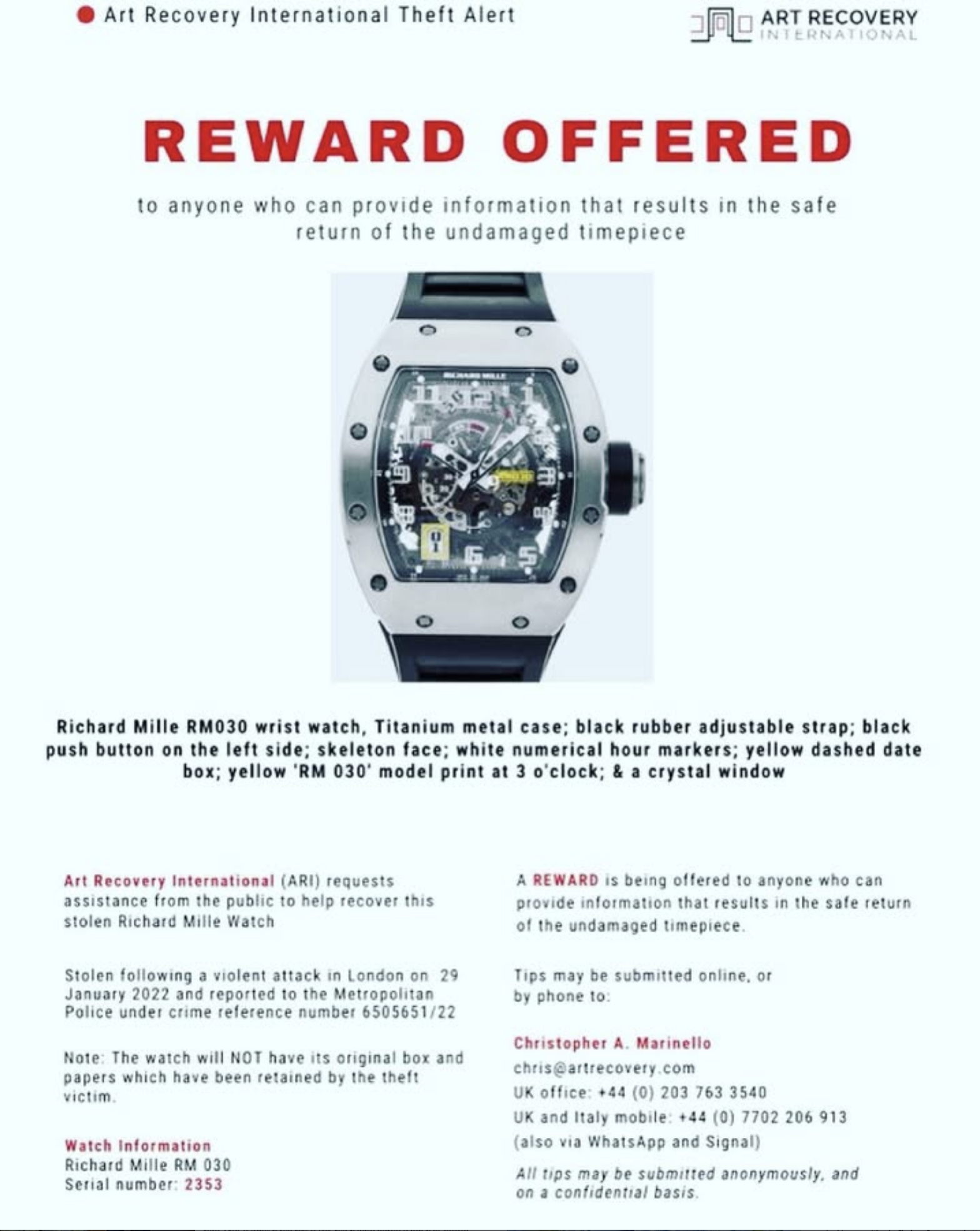 Richard Mille RM030 wristwatch