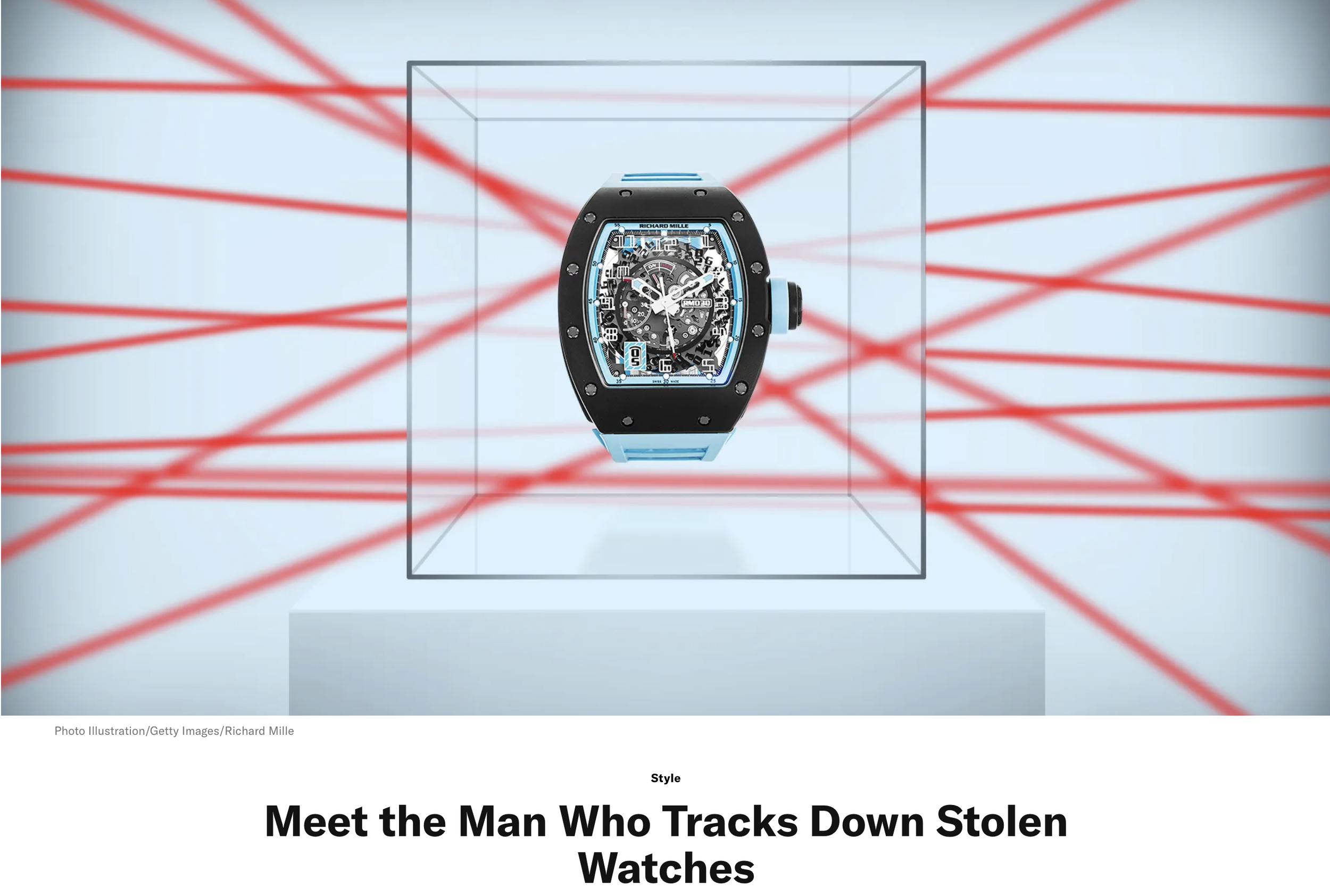 A luxury watch with a skeleton dial and black and blue accents, displayed in a virtual 3D environment with red laser scan lines surrounding it.