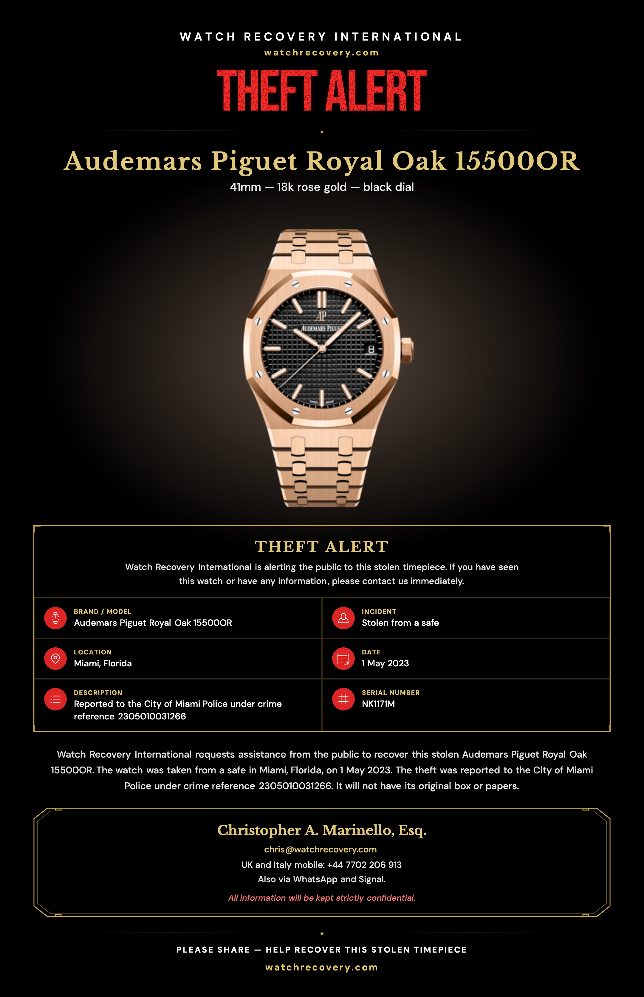 Stolen Audemars Piguet Royal Oak 15500OR.