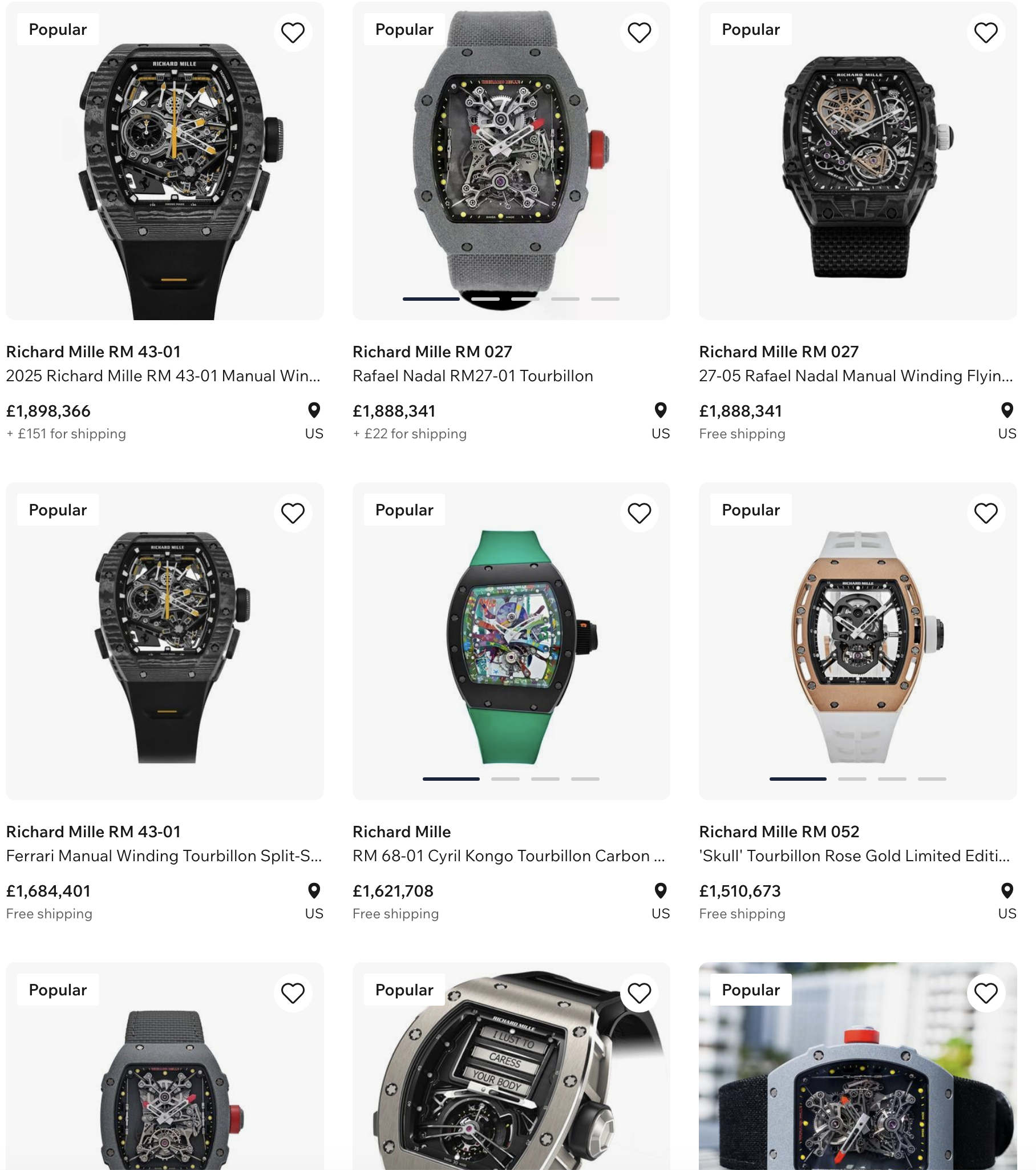Display of luxury watches on an online shopping page. The watches vary in style and brand, with prices listed below each. Some watches feature skeleton designs, digital displays, and colorful accents.