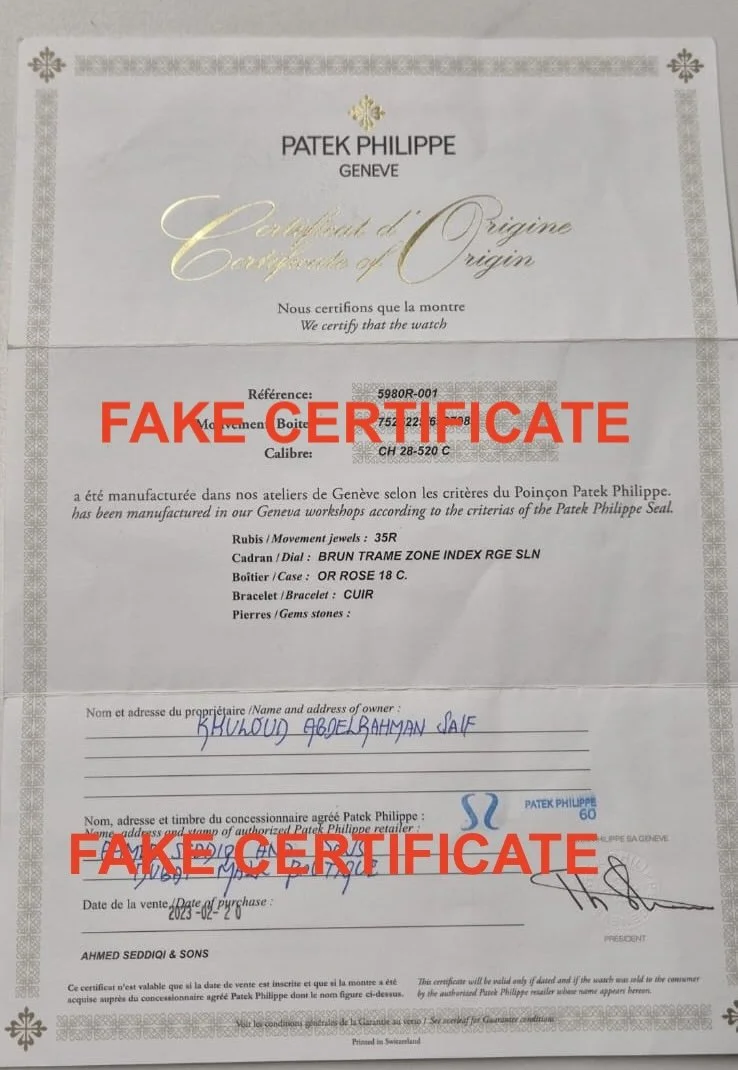 Testing image with overlaid red text 'FAKE CERTIFICATE' on an official-looking document, which appears to be a counterfeit Patek Philippe certificate of origin for a watch.