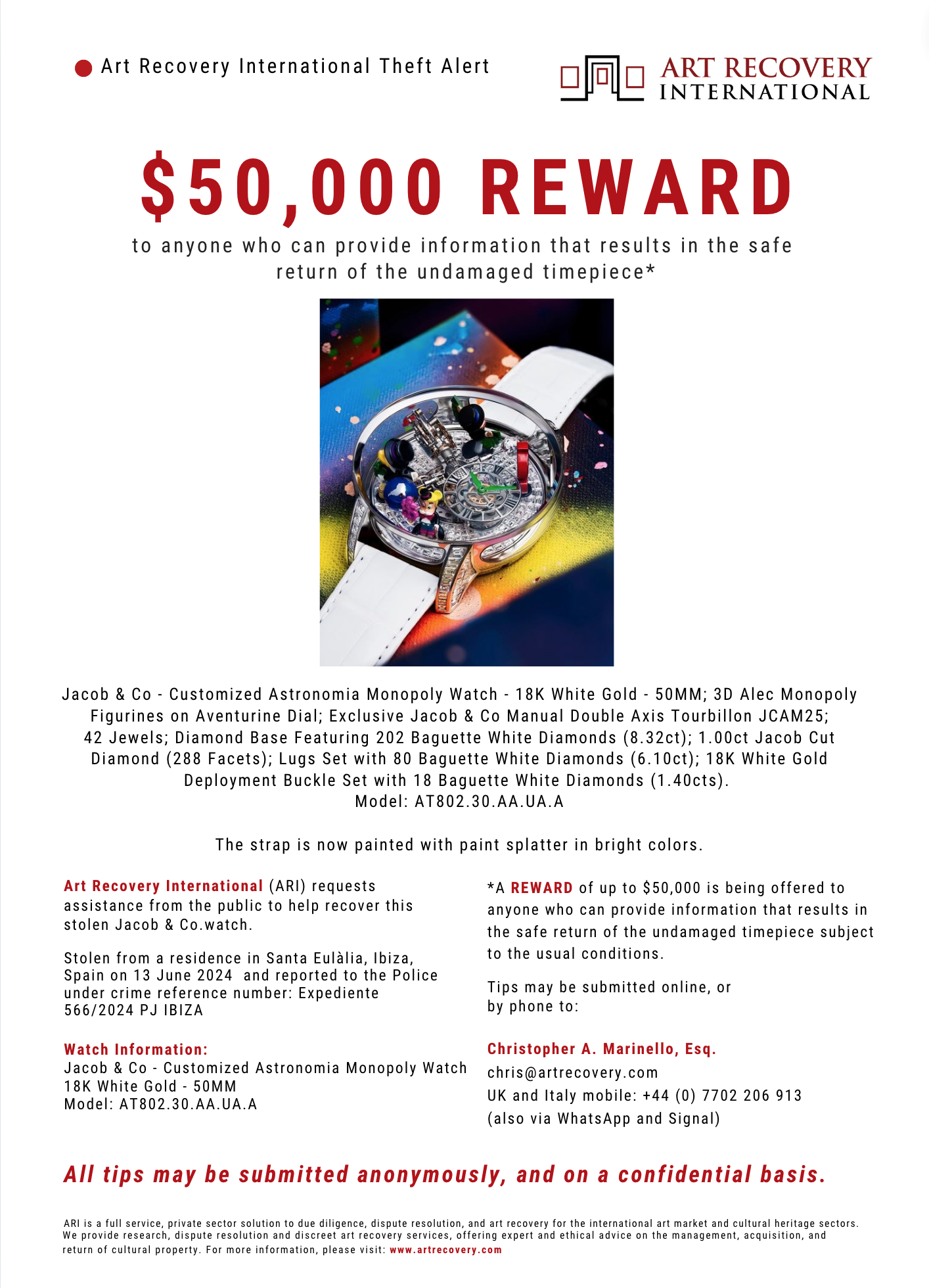Poster advertising a $50,000 reward for information about stolen Jacob & Co. customized astronomy monopoly watch. The poster features an image of the watch with a white strap and intricate dial. The text details the watch's features and the reward offer, with contact information for Christopher A. Marinello, Esq.
