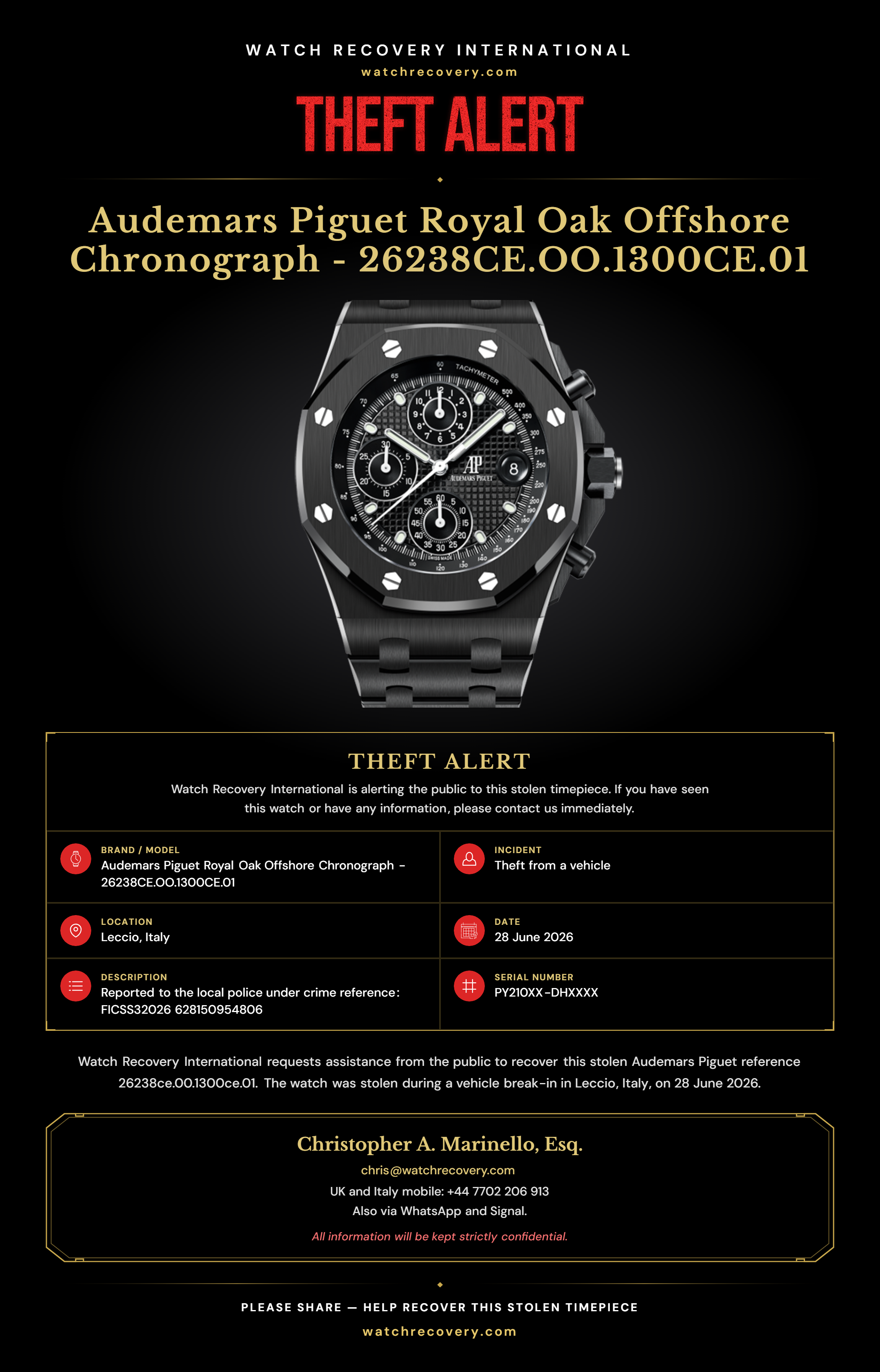 Audemars Piguet Royal Oak Offshore Chronograph - Leccio, Italy | Theft Alert