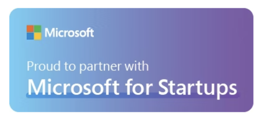 Microsoft partnership announcement with a gradient purple and blue background, featuring the Microsoft logo and the text 'Proud to partner with Microsoft for Startups'.