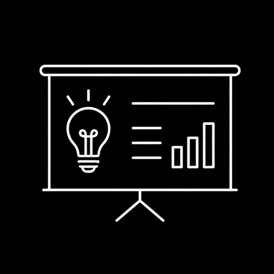 White chalk drawing of a presentation board with a lightbulb icon, three lines of text, and a bar graph on a black background.