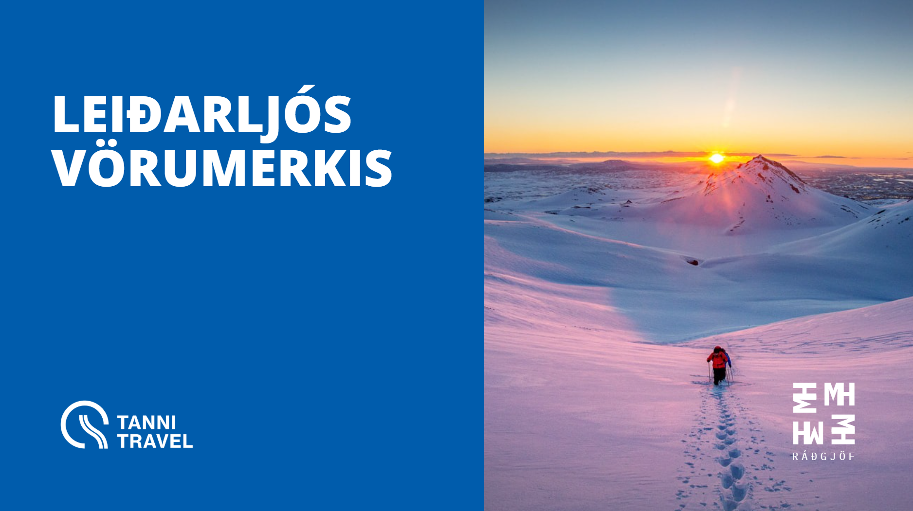 A winter landscape with a hiker trekking across snow-covered terrain at sunrise or sunset, with mountain peaks and a colorful sky in the background.