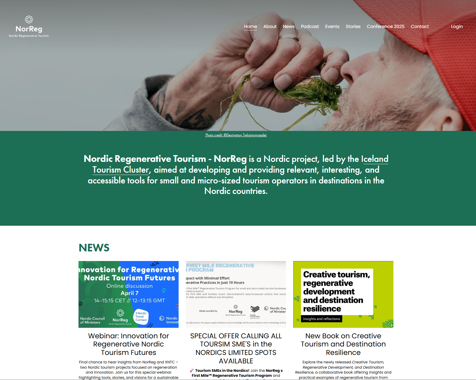 Screenshot of the NorReg website homepage, featuring a navigation menu and a background image of a person holding a plant to their face, with a red hat.
