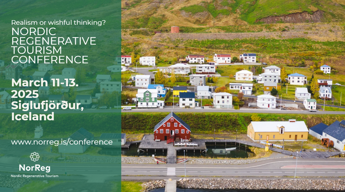 Aerial view of a coastal village in Iceland with colorful houses on a hillside, a red boathouse by the harbor, and a green overlay on the left side containing conference information for the Nordic Regenerative Tourism Conference, March 11-13, 2025, S