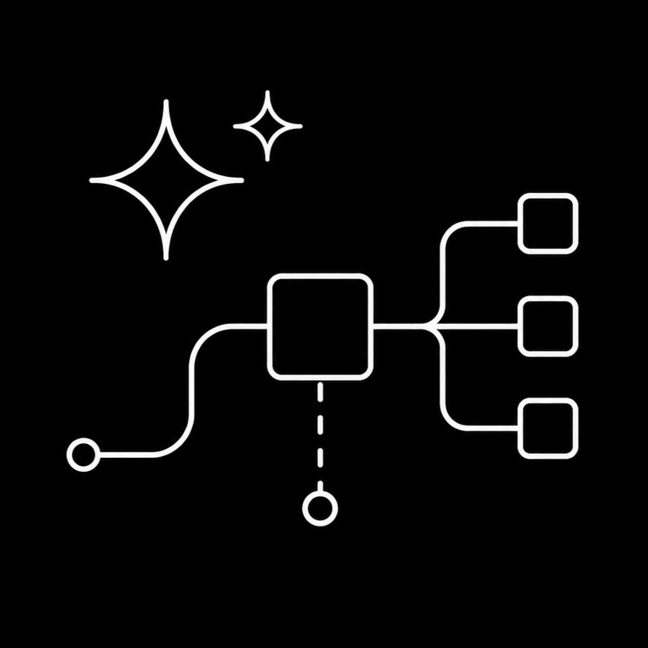 Diagram of a flowchart with a central square connected to multiple branches, two star-like spark icons in the upper left corner, and a dotted line circle at the bottom.
