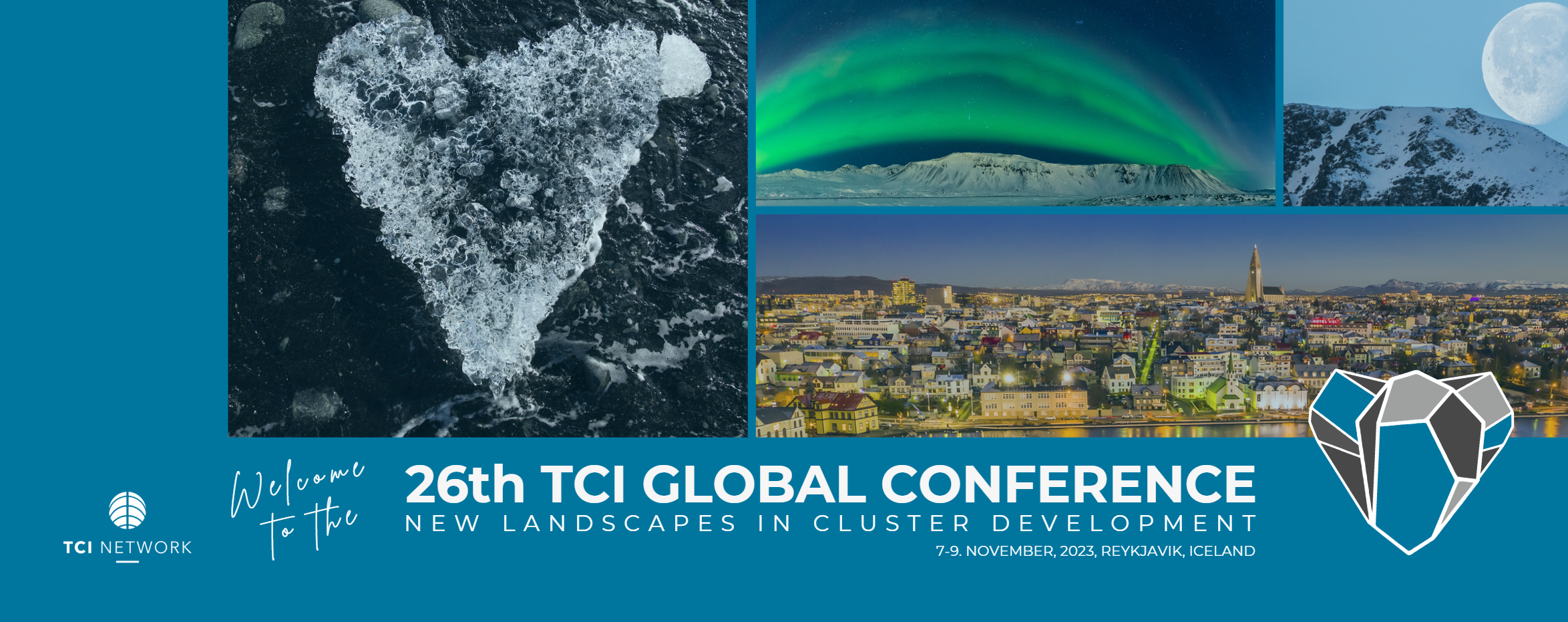 A collage of four images with a blue banner at the bottom. The images include ocean waves, the Northern Lights over a mountain, a mountain with a snowy peak and full moon, and a cityscape at night. The banner contains text for the 26th TCI Global Con