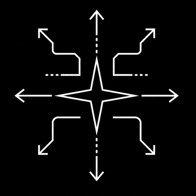 White arrows and lines arranged in a symmetrical pattern on a black background, resembling a geometric or directional symbol.