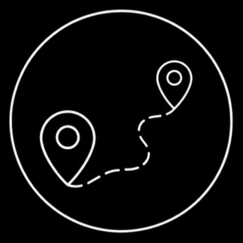An abstract black and white illustration showing two location markers connected by a dashed line inside a circle.