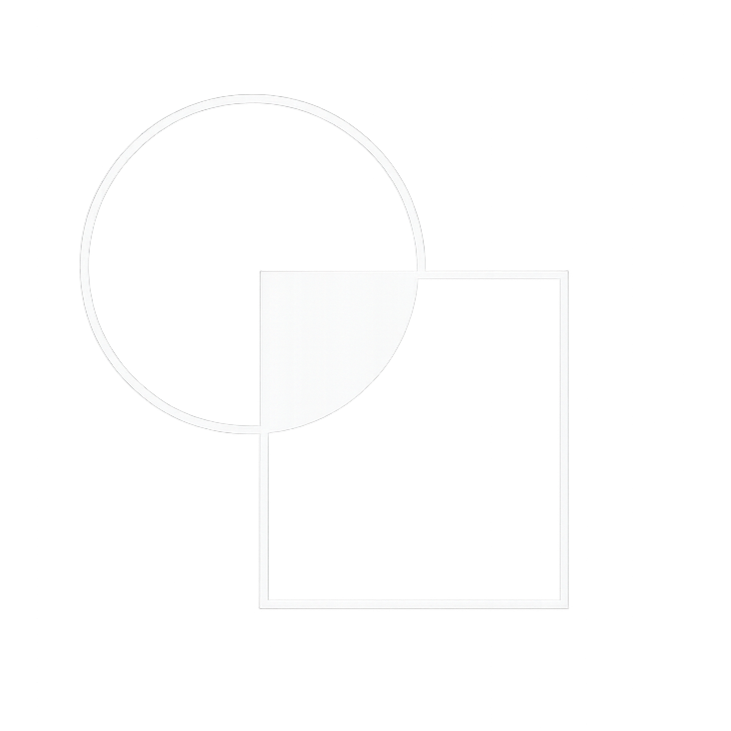 A digital illustration showing a white circle and a white square with a quarter section cut out of the circle, overlapping each other on a black background.