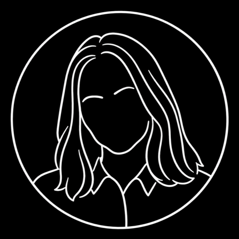 Neon outline drawing of a smiling woman with shoulder-length hair, wearing a collared shirt, inside a circle, on a black background.