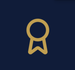 Logo avec un ruban ou une médaille dorée sur fond bleu