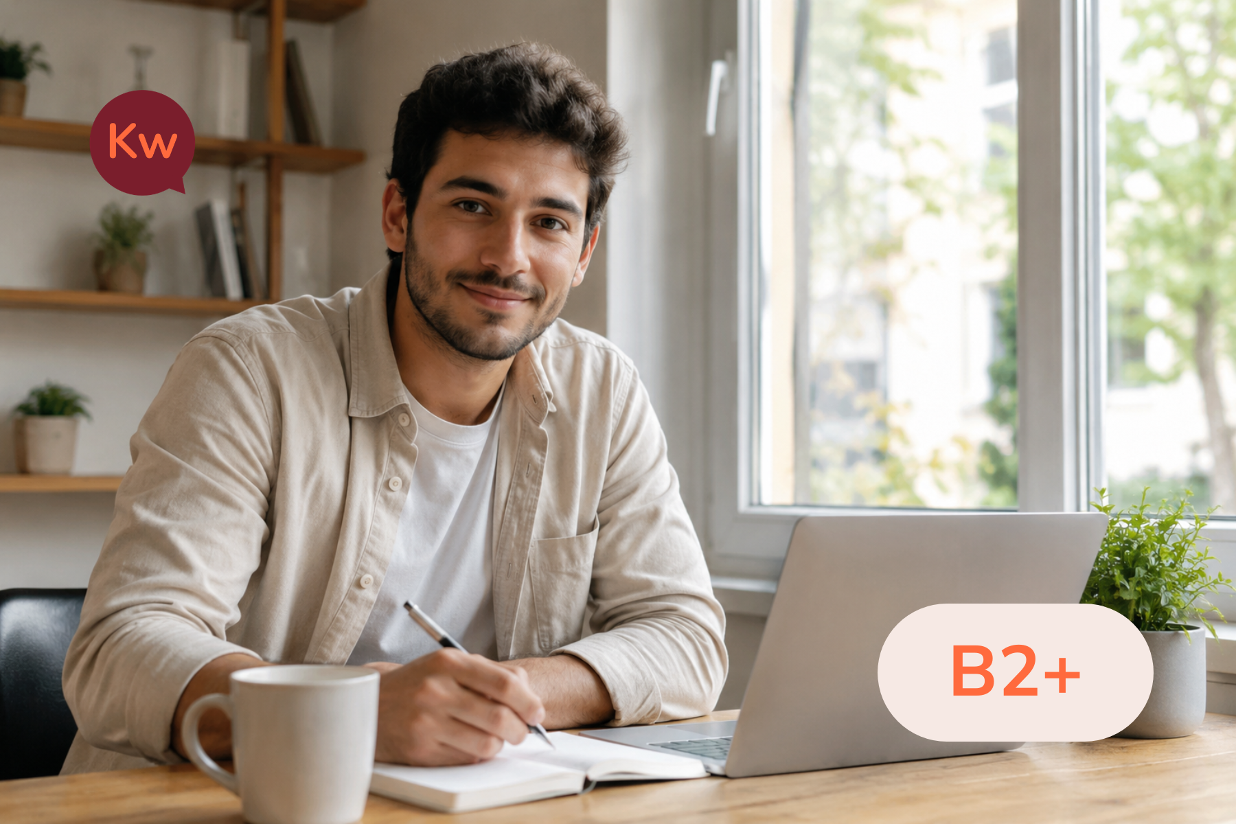 Joven estudiando alemán online con un portátil y un cuaderno durante un curso de conversación B2+.