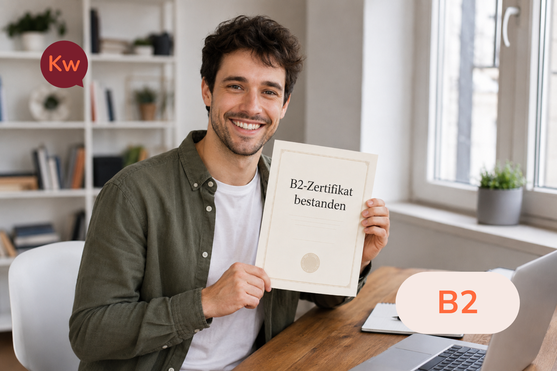 Imagen ilustrativa de un estudiante con certificado B2 en un curso de preparación telc B2 online con KANNwerk.