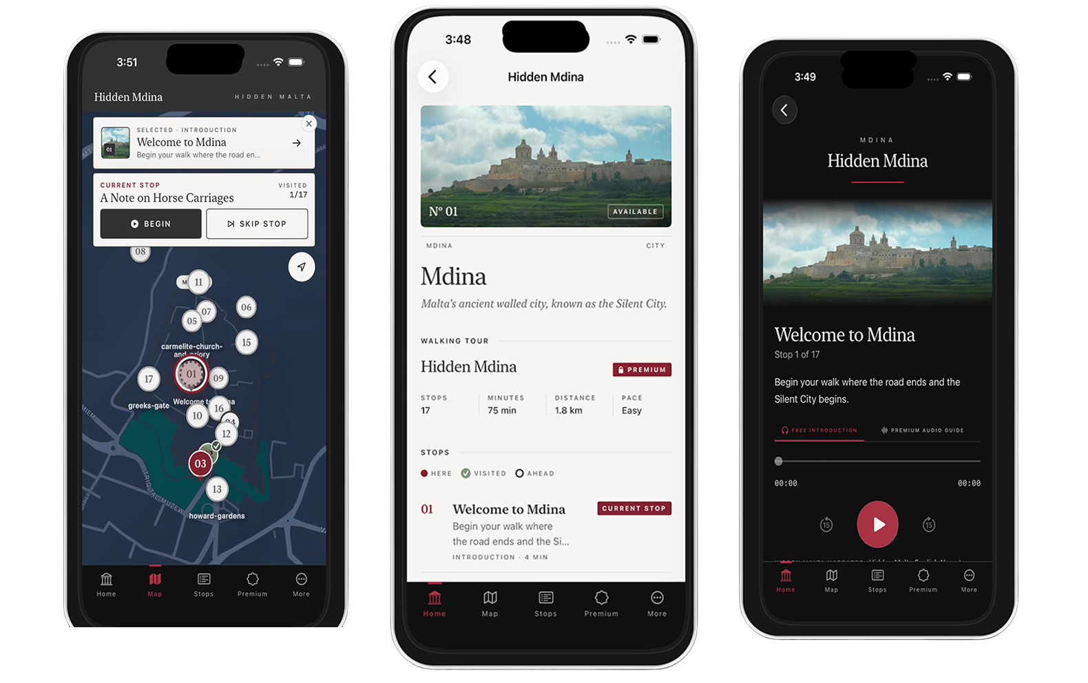 Hidden Malta app showing the Mdina walking map, tour stop details, and audio guide