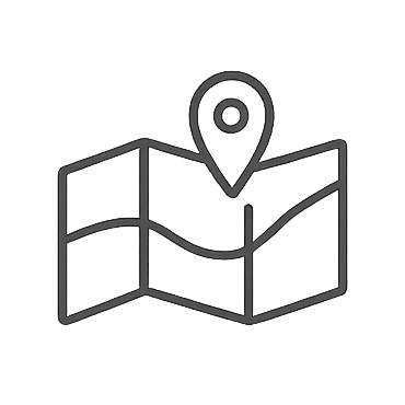 Line drawing of a folded map with a location pin marker on it.