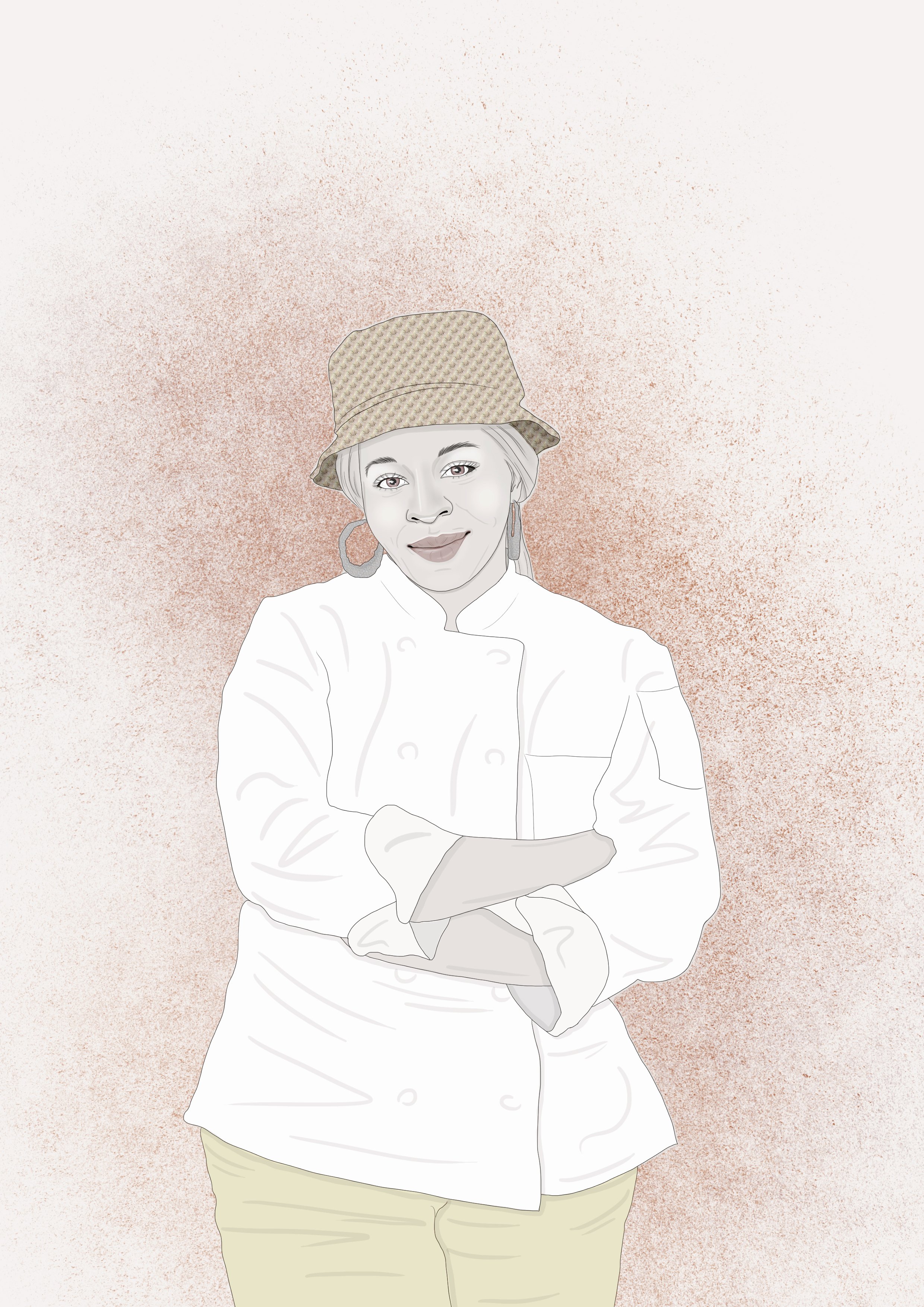 Line drawing of a woman wearing a checkered hat, large hoop earrings, and a white chef's coat, with her arms crossed against a textured light brown background.