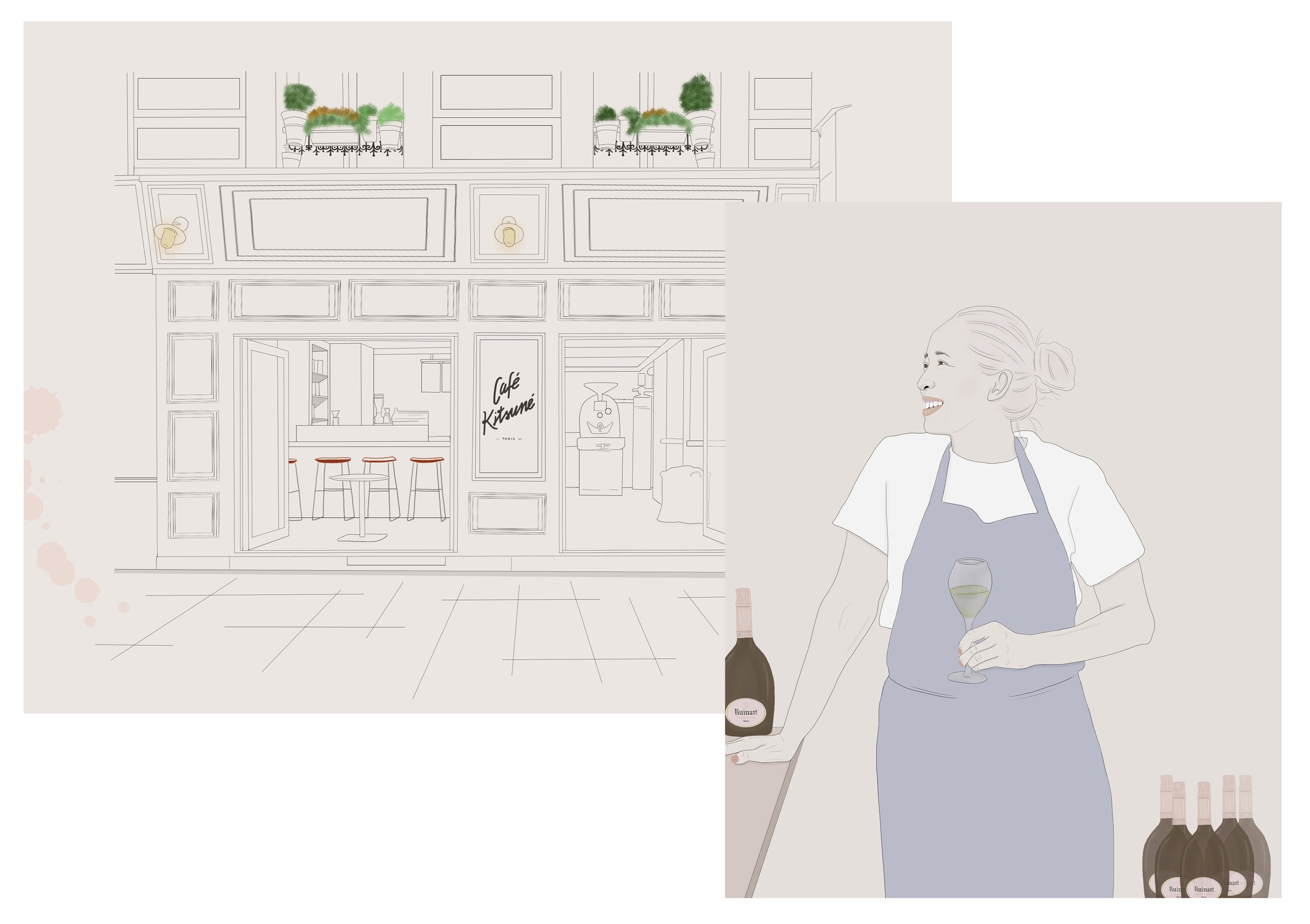 Illustration of a café storefront with plants on the balcony, interior seating with bar stools, and a woman holding a glass of wine standing next to bottles of wine.