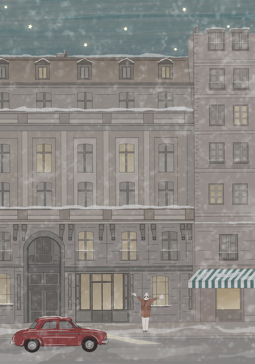 Snow falling in a city street with tall buildings, a person waving, and a red vintage car parked in front.