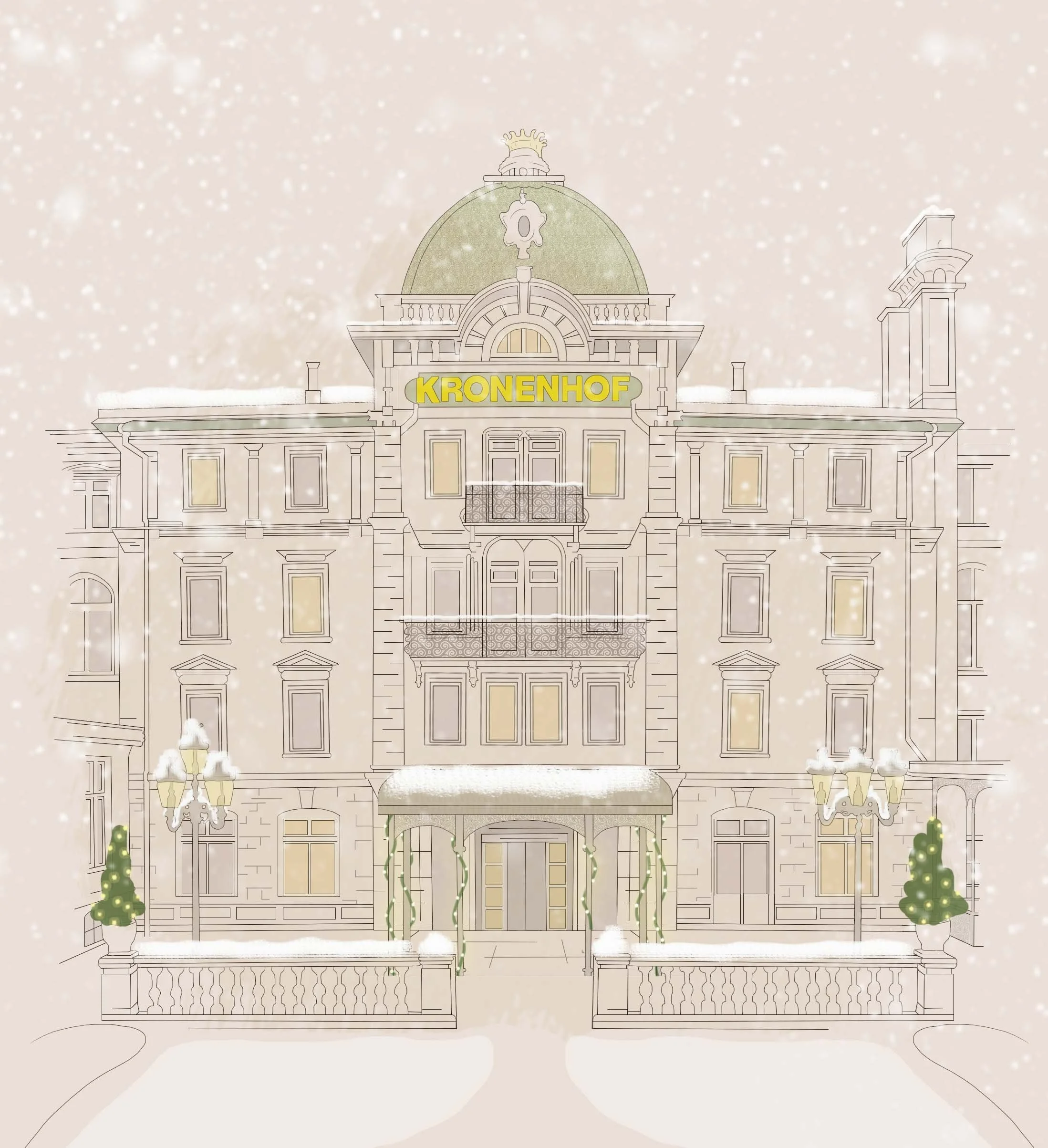 Architectural drawing of a historic building with a domed roof, lit windows, decorative columns, a sign reading 'KRONENHOF', and snow-covered surroundings, including street lamps and Christmas trees with lights.