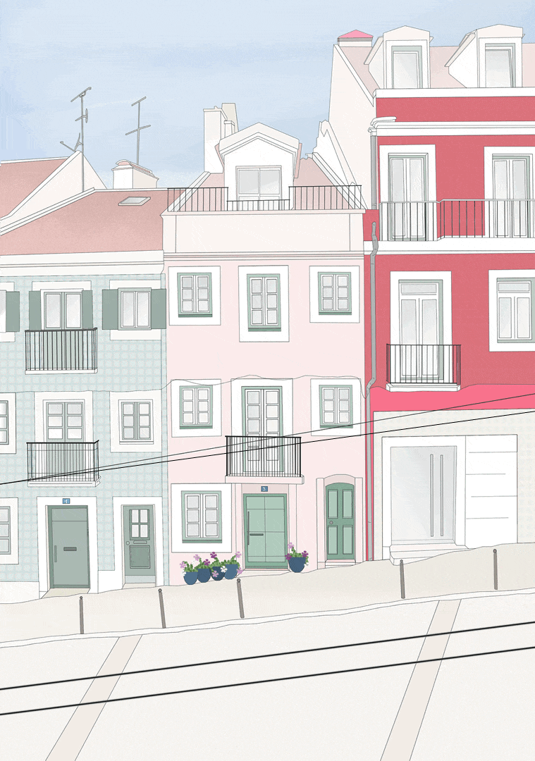 Colorful buildings on a sunny street, with balconies, potted plants, and power lines in the foreground.