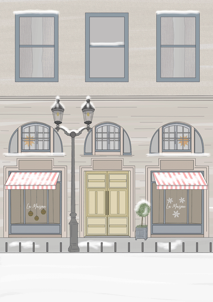 A festive winter city street scene with a decorative building featuring two large windows with red and white striped awnings, a door in the center, and two smaller windows at the top. Snow covers the ground and windows, with Christmas decorations and a streetlamp in front.