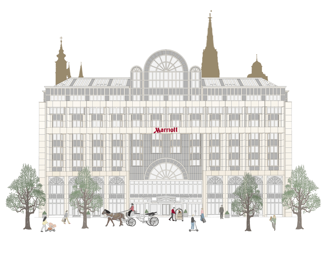 Illustration of a large hotel building labeled 'Marriott' with people, trees, and a horse-drawn carriage in front.