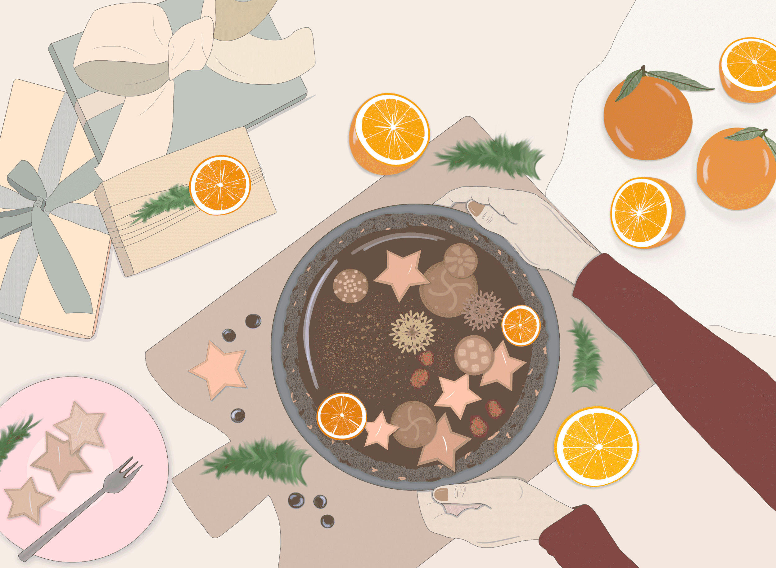 A cartoon-style illustration of a cozy table setting with a person's hand holding a cup of hot chocolate, surrounded by orange slices, star-shaped cookies in the hot chocolate, wrapped gift boxes, wrapped cookies on napkins, and garnished with green pine leaves.