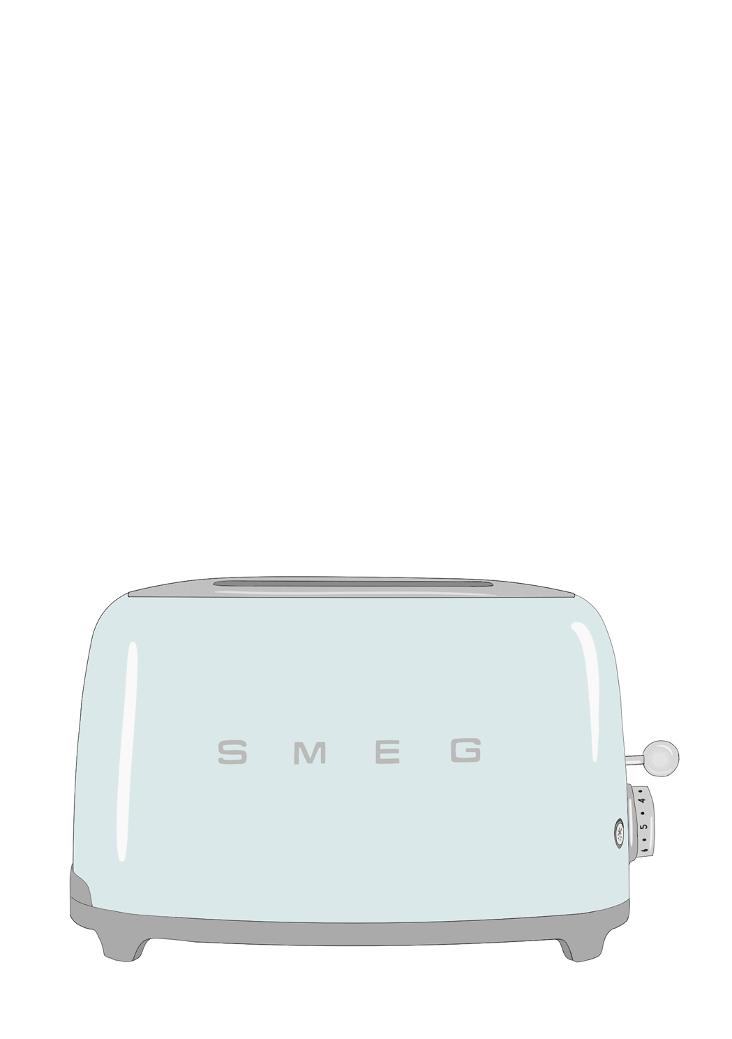 Illustration of a light blue SMEG toaster with four slots and a dial on the side.