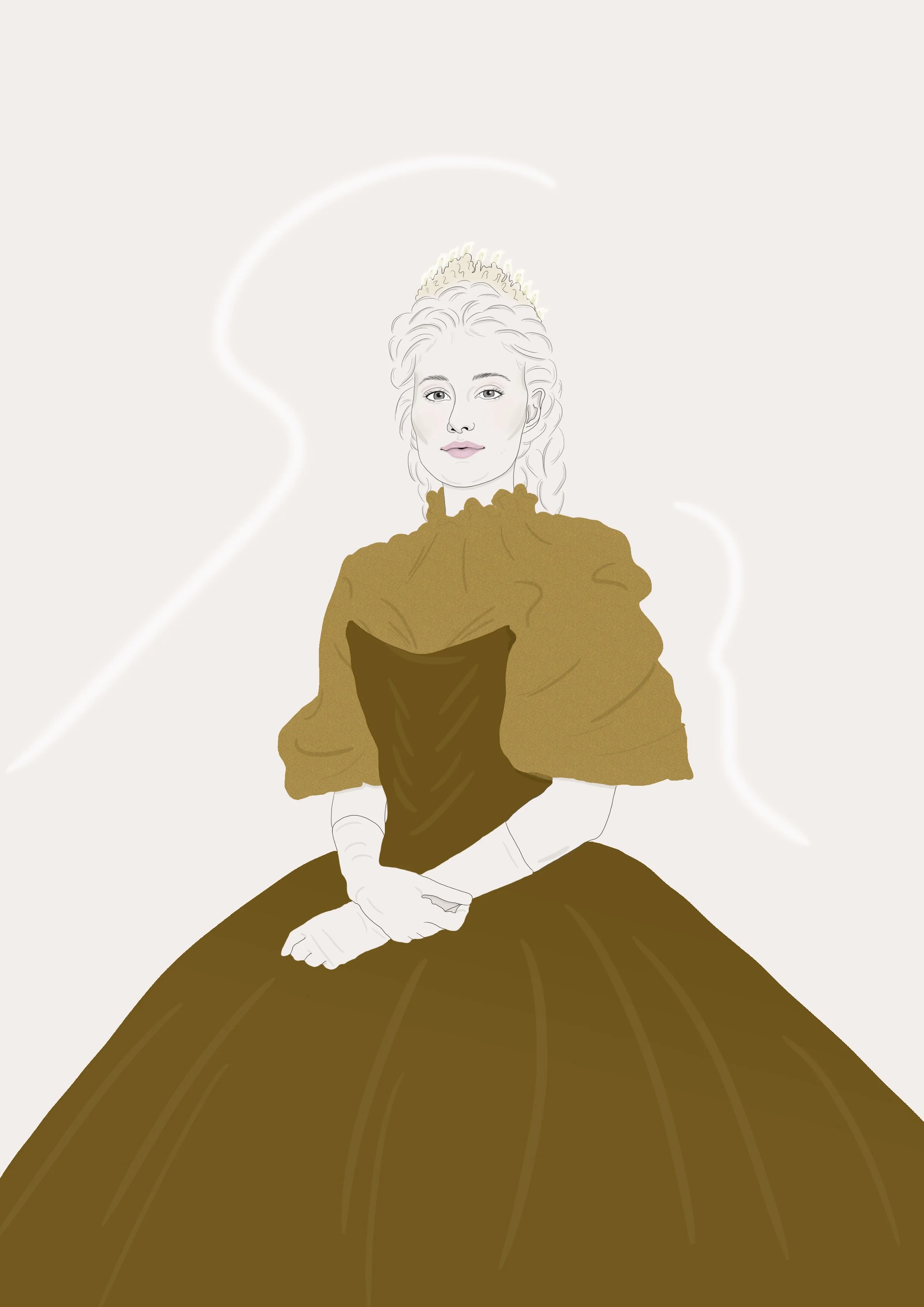 Illustration of a woman with light skin, curly hair, wearing a brown dress, and sitting with her hands clasped in her lap against a plain background with white abstract lines.
