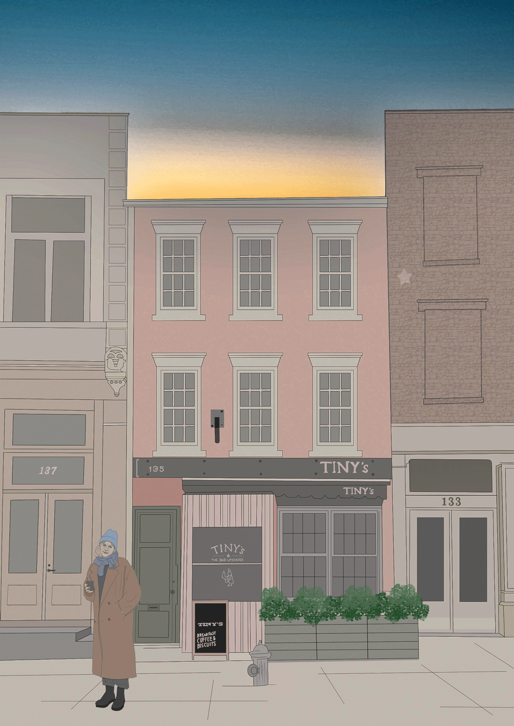 A street scene at sunset with three buildings, a person in a coat and scarf holding a drink, and a storefront named "Tiny's" with a sign advertising breakfast, coffee, and biscuits.