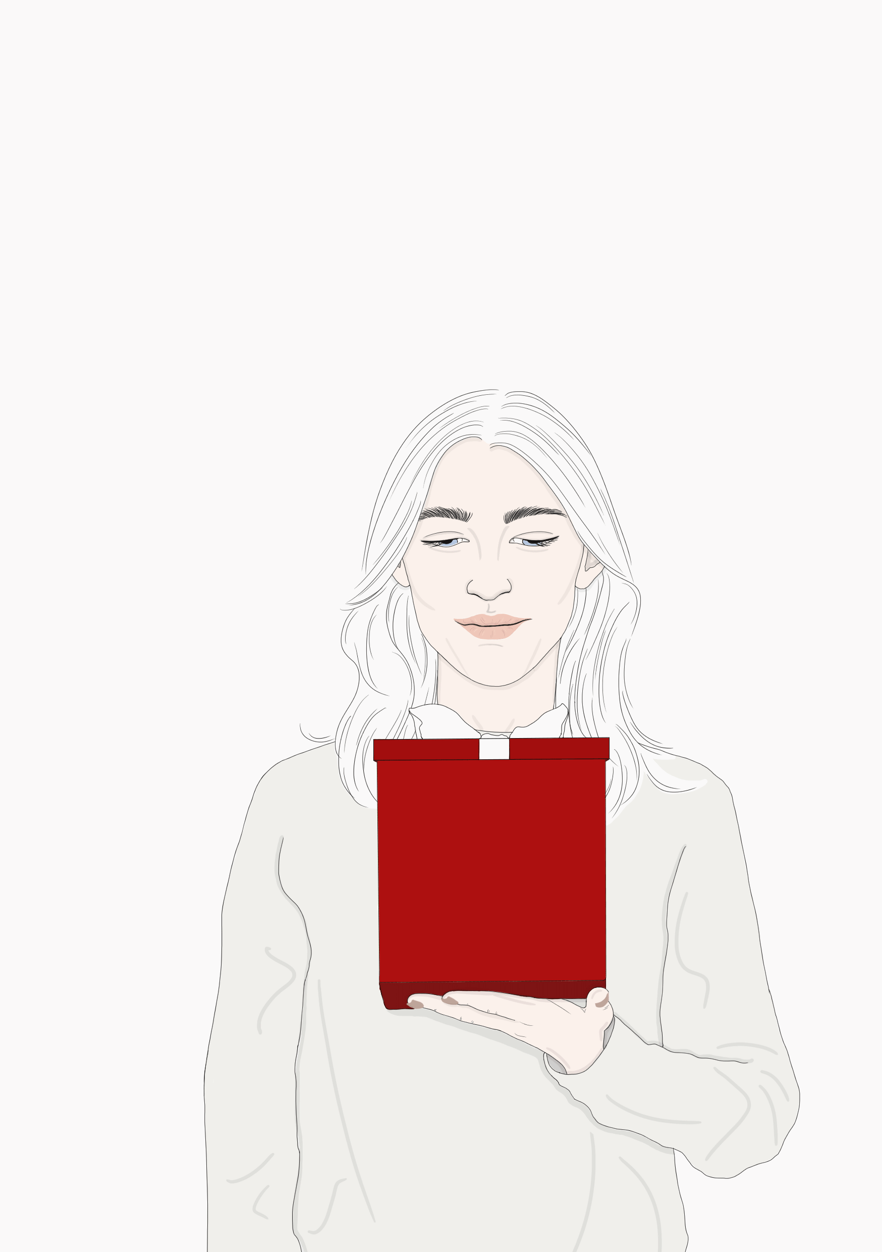 A woman with light hair and fair skin is holding a red box in front of her, with her eyes closed and a slight smile.