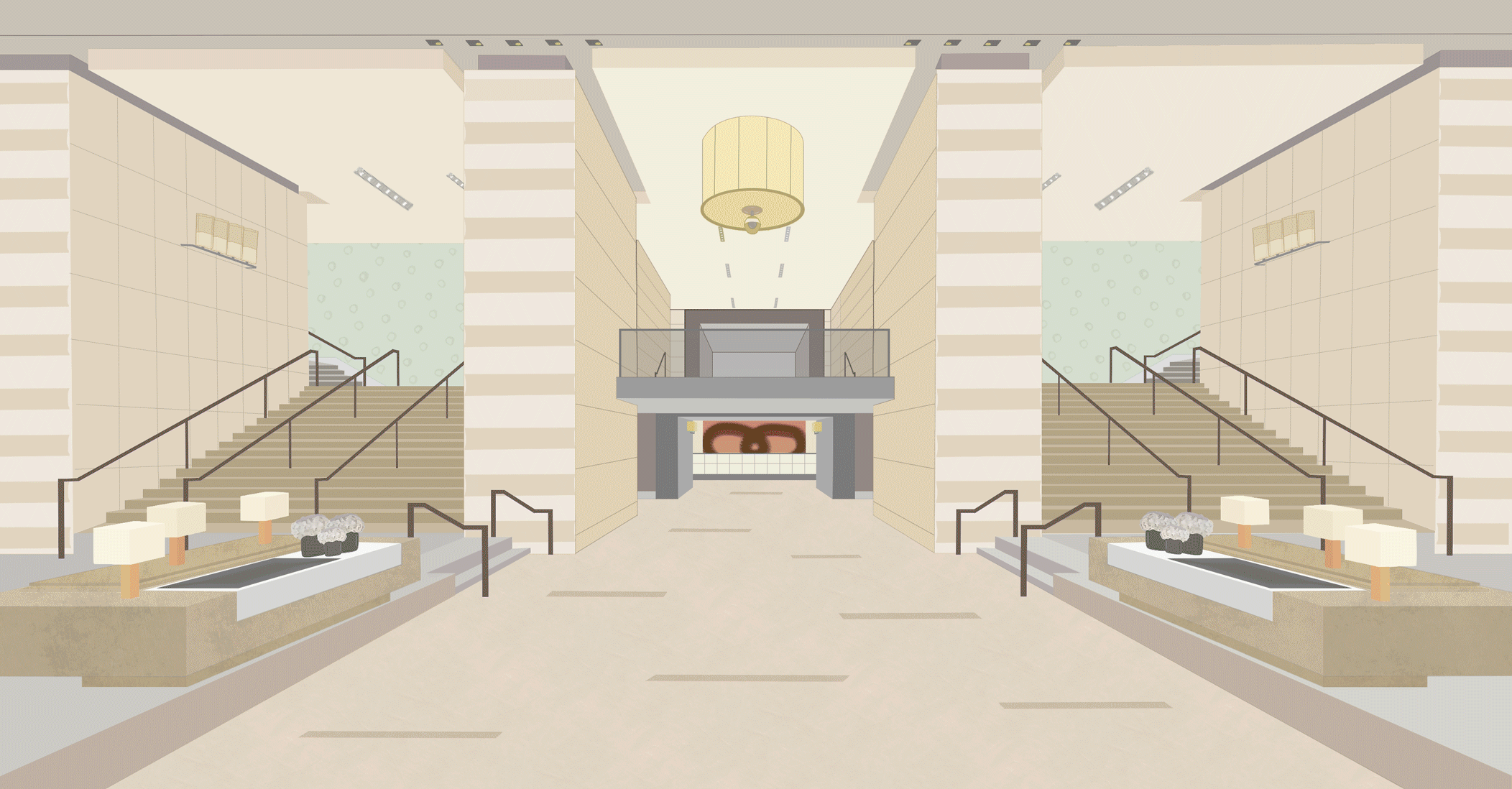 A modern interior lobby featuring symmetrical staircases with black handrails, a central fireplace with artwork, large pendant light fixture, beige walls with geometric design, benches with flowers, and a high ceiling.