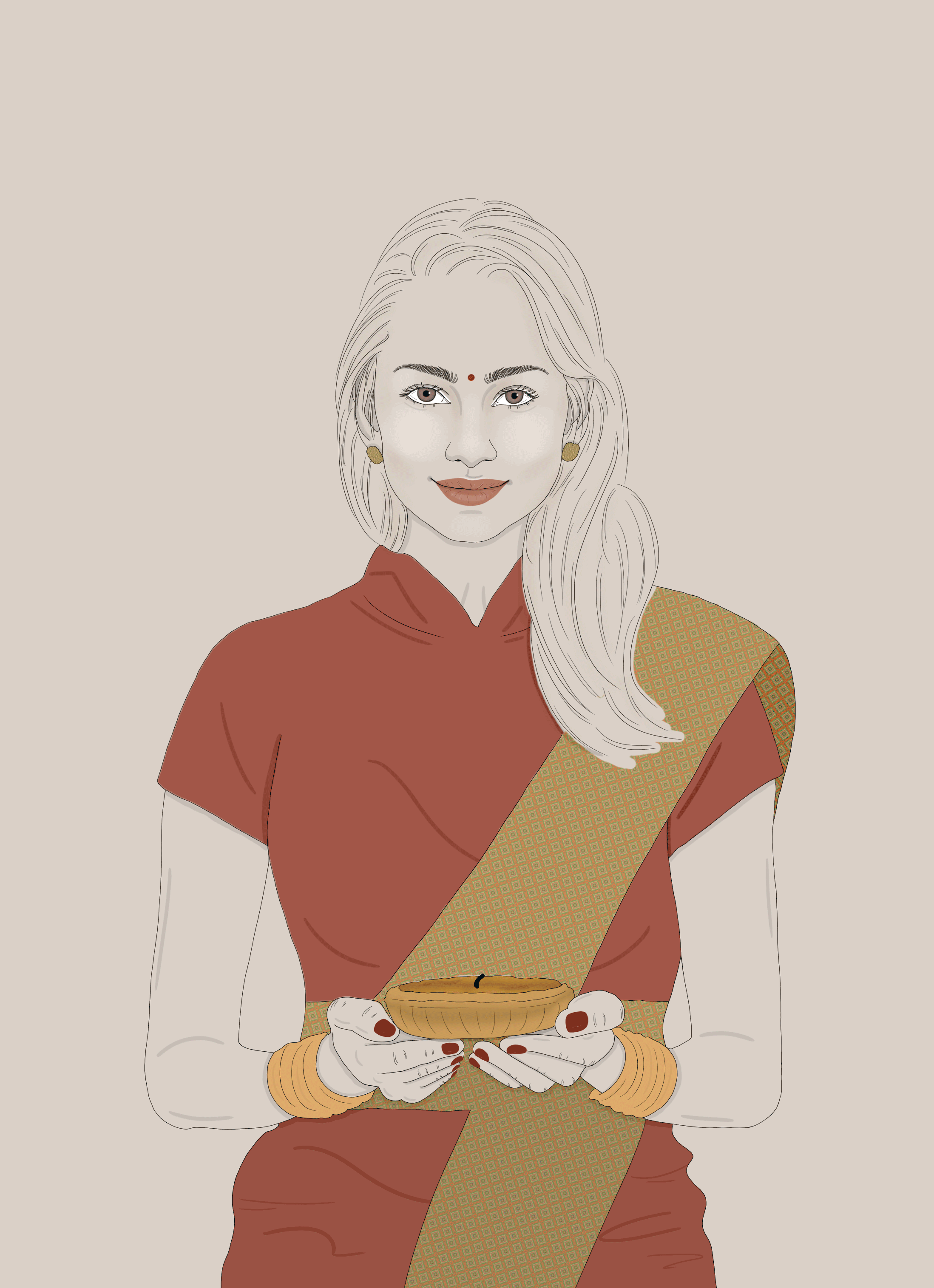 Digital illustration of a woman with long hair, wearing a sari and a pallu, holding a traditional Indian brass bowl with a small object inside, smiling, wearing earrings, bindi, and red lipstick.