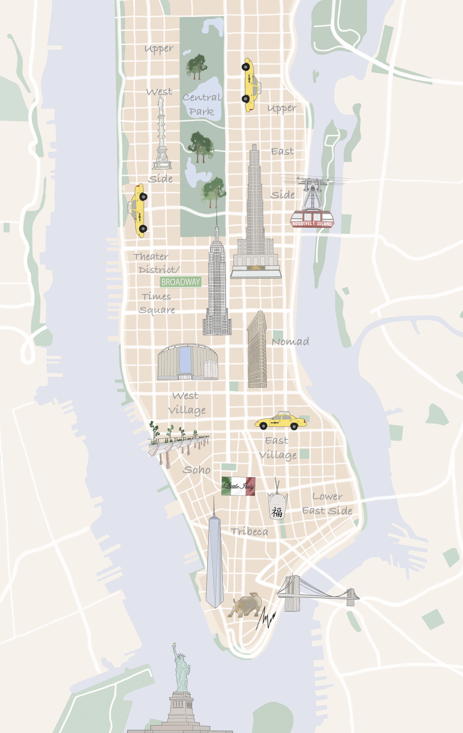 Illustrated map of New York City highlighting landmarks and neighborhoods, including Central Park, Empire State Building, Statue of Liberty, Brooklyn Bridge, and Times Square, with taxi, cable car, and other icons.