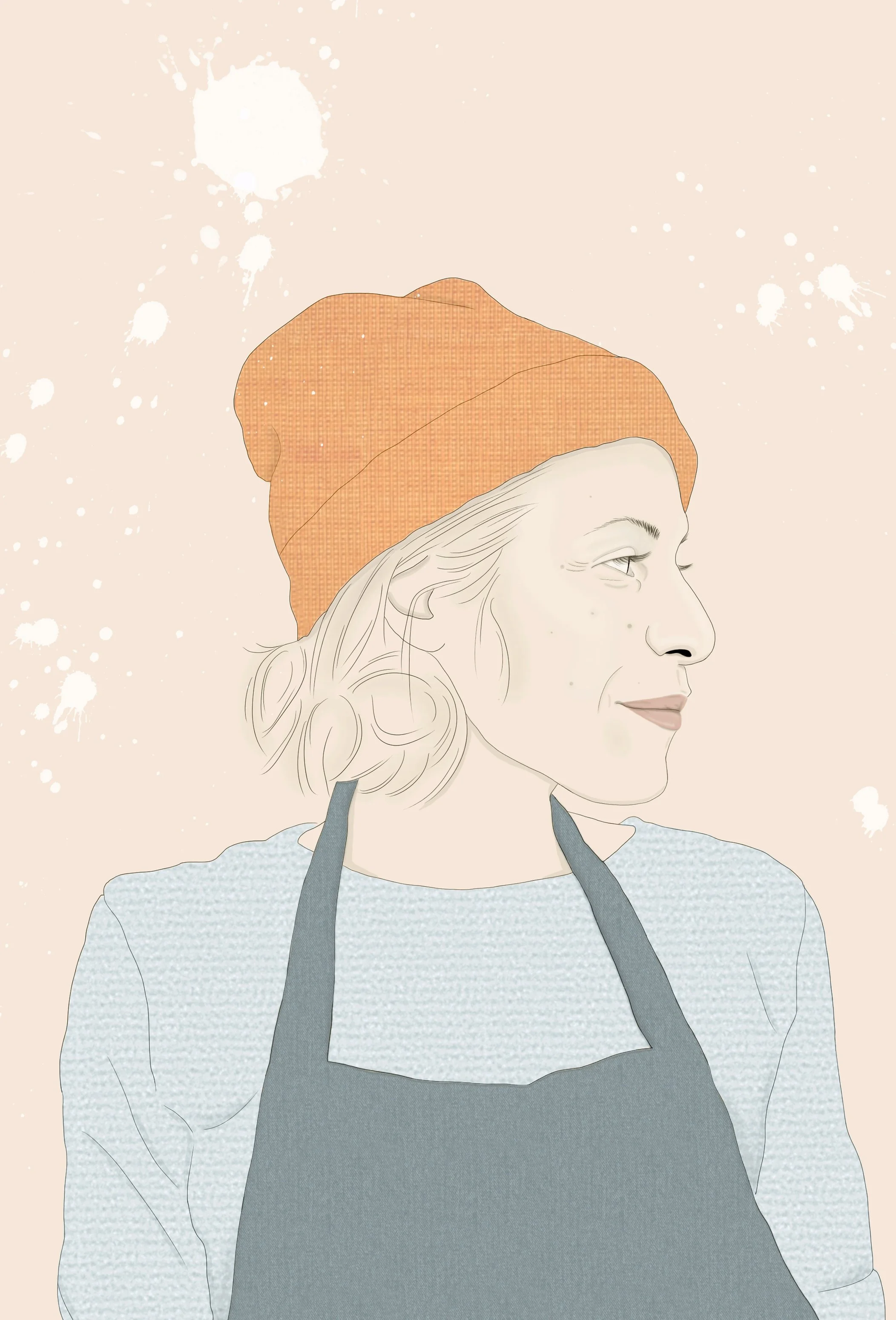A line drawing of a woman wearing a salmon-colored beanie and a dark apron, with a light background featuring white paint splatters.