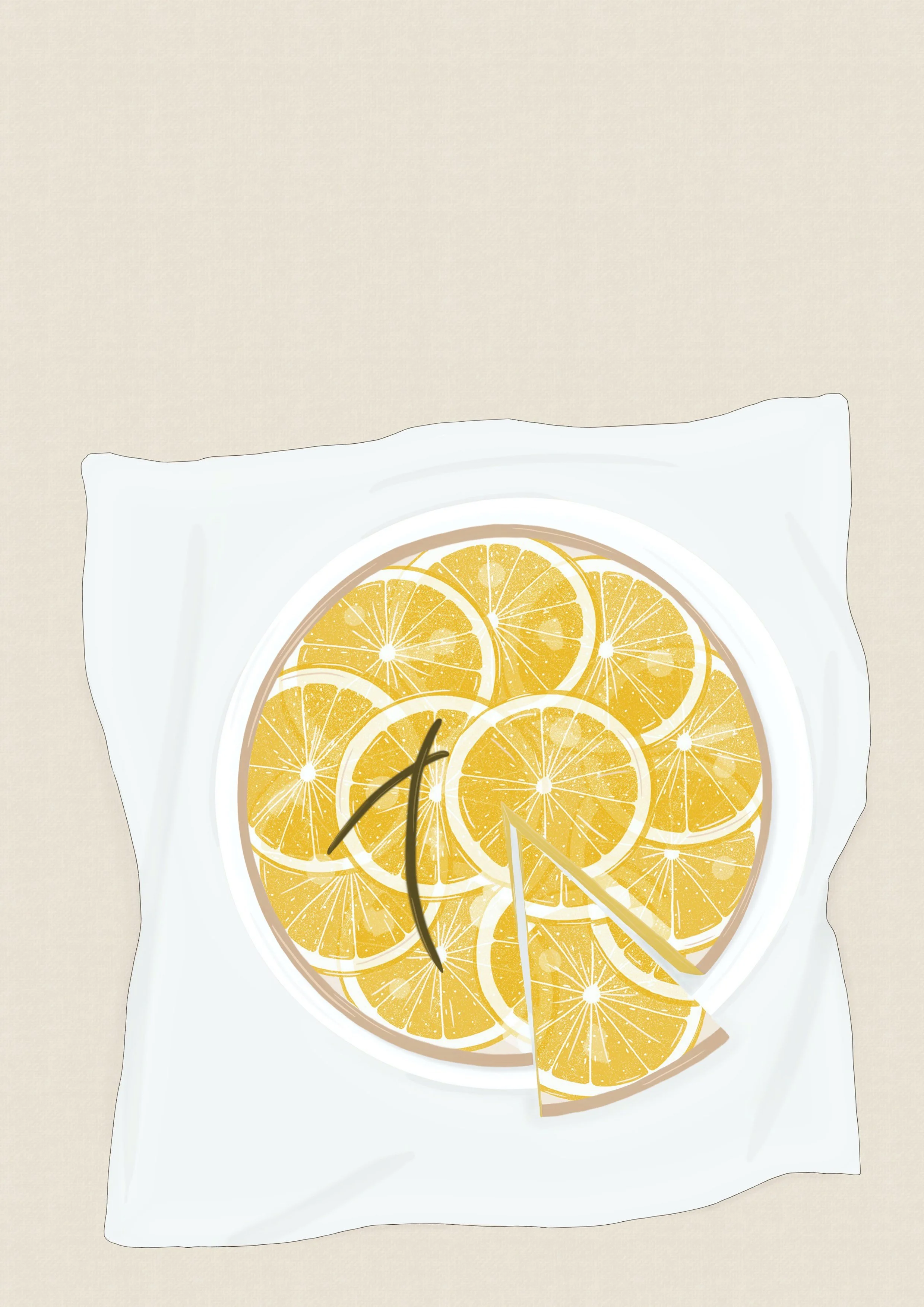 A top view of a glass bowl filled with lemon slices and a glass of water with lemon slices, placed on a white napkin on a beige surface.
